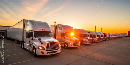 logistic banner, Cargo trailers Trucks stand in row, sunset light. International center warehouse. photo
