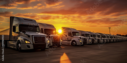 International center warehouse, logistic banner. Cargo trailers Trucks stand in row, sunset light