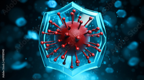 Concept healthcare protection, immune shield destroying virus, neon blue color. photo