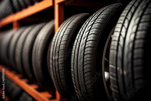 Car tire black banner background. Tires for sale in shop. © Adin