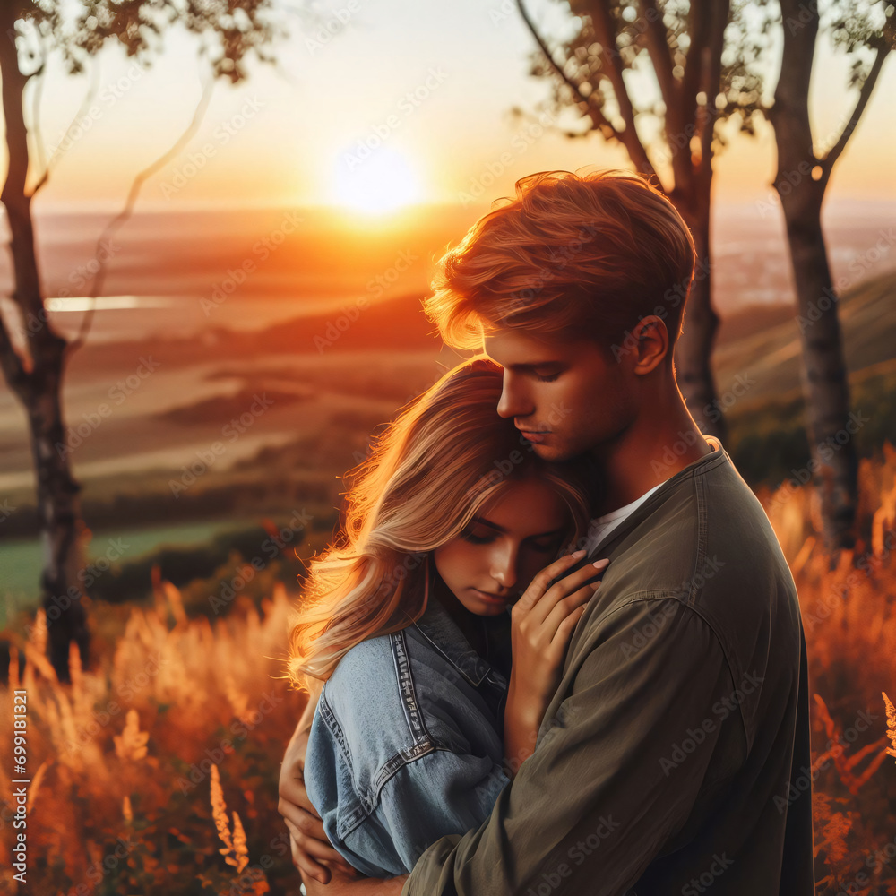 Guy and girl, couple in love hugging against sunset background
