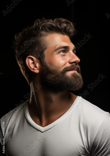 stylish young guy with a neat short beard in a white T-shirt in profile on a black background, beautiful studio light