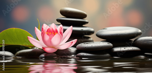 Concept spa relax, Buddha nature. Pink water lily lotus flower with stones in water, bokeh background with copy space.