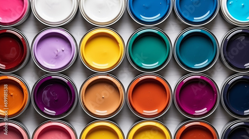 Flat lay open cans of color paint, top view. photo