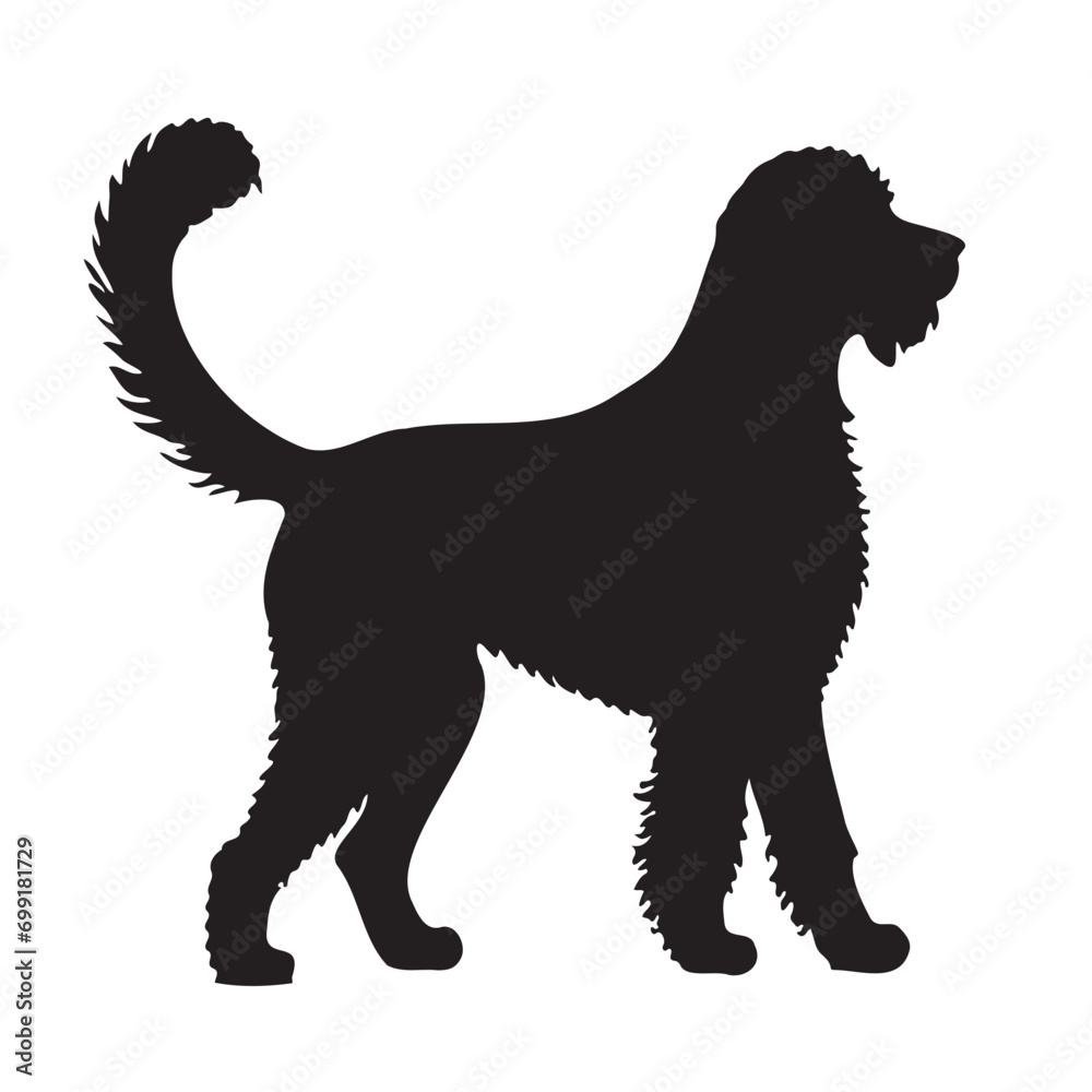 Black silhouette of a dog isolated on a white background.