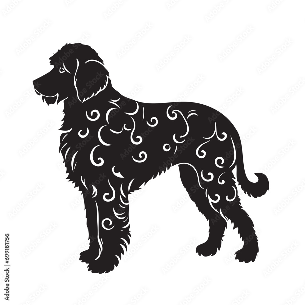 Black silhouette of a dog isolated on a white background.