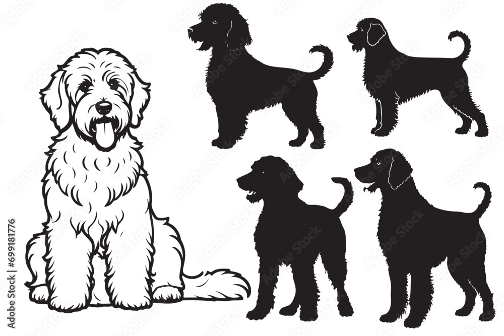 Collection of vector silhouette of dogs, from small to big. Symbol of animal and pet.