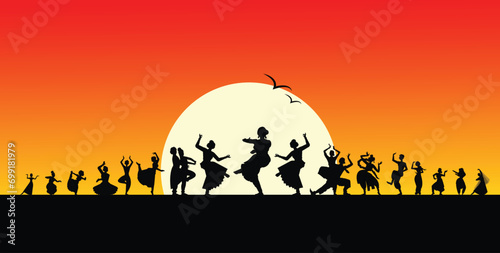 Set of woman dancer silhouette isolated on sun set background. photo