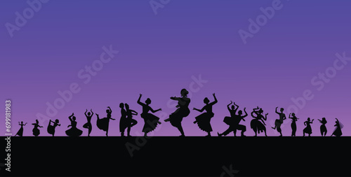 Set of woman dancer silhouette isolated on sun set background.
