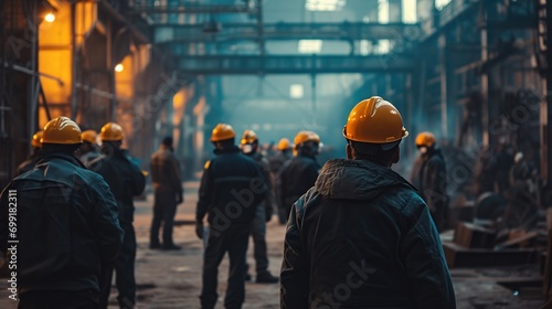 workers helmets at the factory, view from the back, group of workers, change of workers in the factory, people go in helmets and uniforms for an industrial enterprise