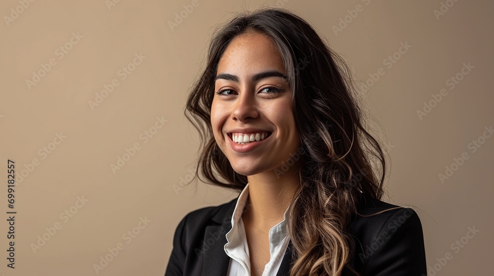 Young adult smiling latin professional business woman, happy hispanic businesswoman female model leader manager standing looking at camera isolated on light brown background Young adult smiling latin professional business woman, happy hispanic businesswoman female model leader manager standing looking at camera isolated on light brown background