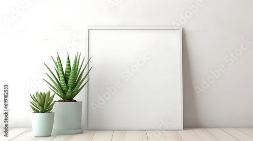 Fototapeta Naklejka Na Ścianę i Meble -  white mock up frame, hipster background, 3d rendering. Generative Ai