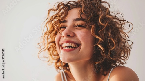 Young adult smiling beautiful charming positive woman model, joyful satisfied pretty cheerful cute curly girl student looking at camera laughing