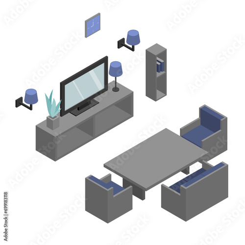 Living room idea. Set of chairs with table and the television on the shelf with lamps. Isometric Drawing Vector.
