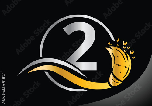 Letter 2 Cleaning logo, Cleaning brush logo Design Vector Template.