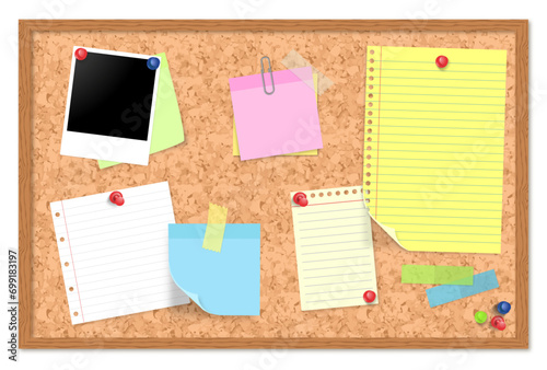 bulletin board cork board with post it notes rulled paper pohoto polaroid clip and pins