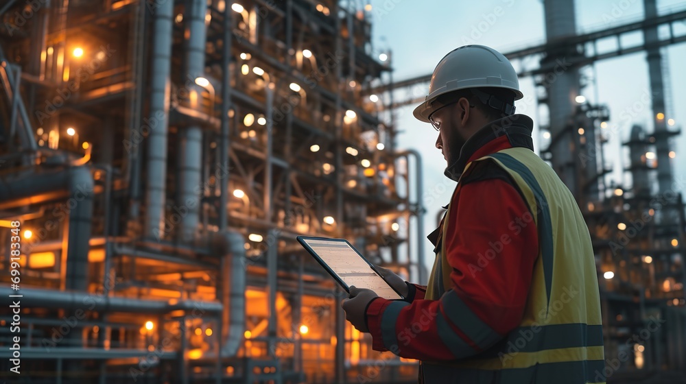 young engineer uses a tablet computer outside a chemical plant young engineer uses a tablet computer outside a chemical plant