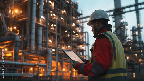young engineer uses a tablet computer outside a chemical plant