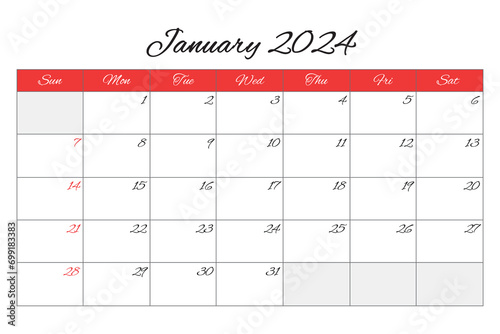 January 2024 ENGLISH month calendar. Vector printable illustration