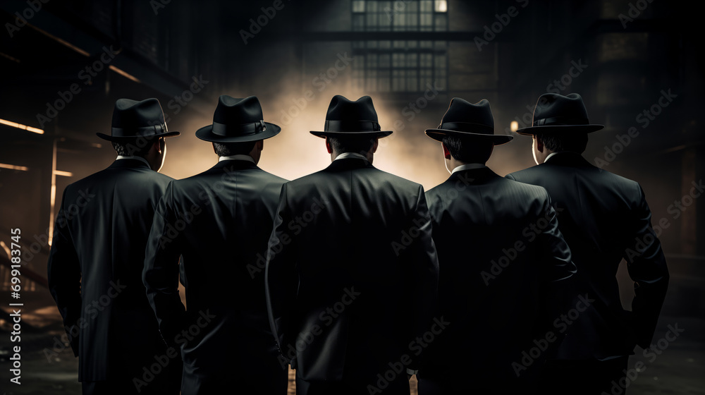 Old fashioned detective or mafia in hat on dark background, black and white color Old fashioned detective or mafia in hat on dark background, black and white color