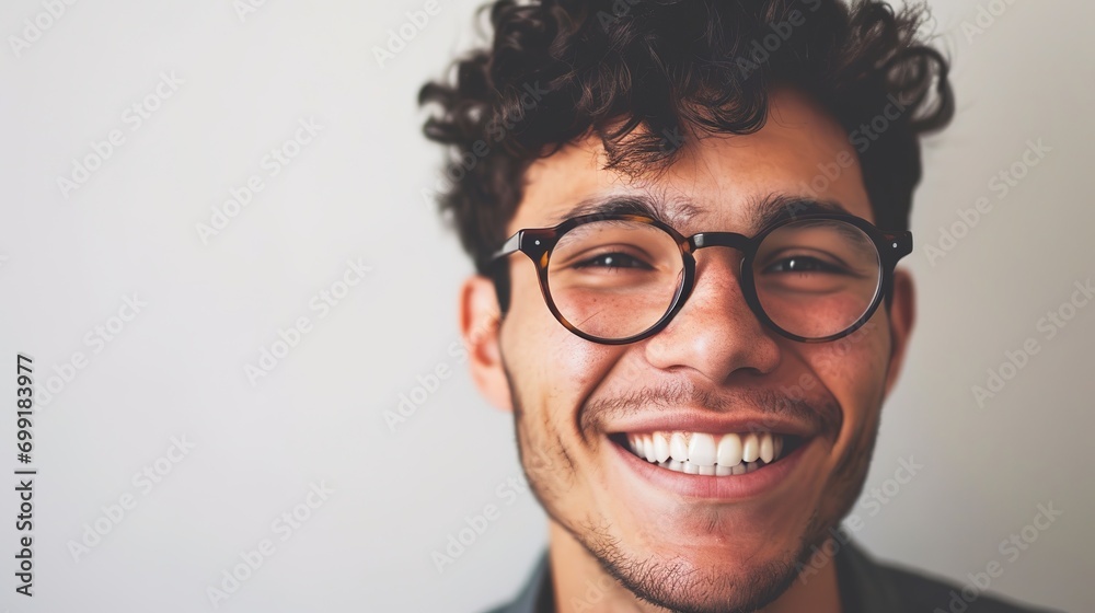 Young man with glasses smiling isolated on white background - obrazy, fototapety, plakaty 