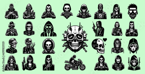 Mega set of black and white cyberpunk characters isolated on a light green background. Hackers, cyber warriors, motorcyclist and skulls