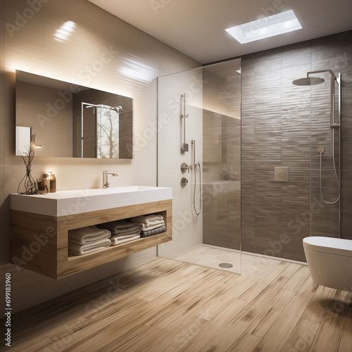 Interior of a modern bathroom  minimalist fixtures and a basin in a dark color