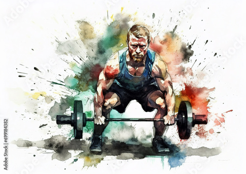 Watercolor abstract illustration of weight lifting. Weightlifting player in action during colorful paint splash, isolated on white background. AI generated.