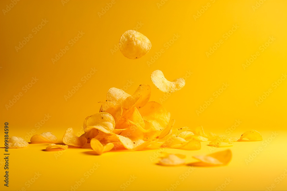 Potato chips close-up on a yellow background, levitation, flight