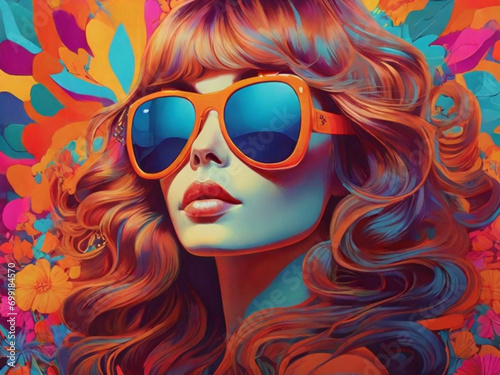 Imagine a stunning portrait of a woman with flowing fair hair, adorned with funky sunglasses and surrounded by a mesmerizing array of vibrant and trippy patterns from the psychedelic 1970s. Let the AI
