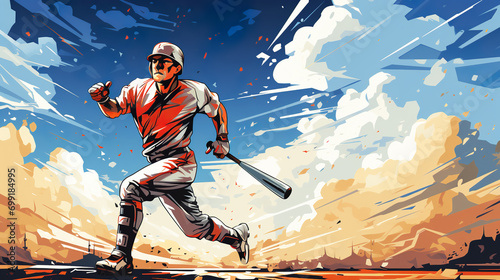 Watercolor abstract illustration of baseball. Baseball player in action during colorful paint splash. AI generated.