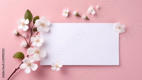 Greeting or invitation blank card, Copy space for text. Mock up template, Banner with flowers on light pink, wood background. Greeting card template for Wedding, mothers or womans day, Valentine's day