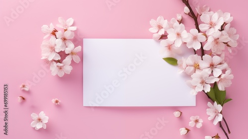 Greeting or invitation blank card, Copy space for text. Mock up template, Banner with flowers on light pink, wood background. Greeting card template for Wedding, mothers or womans day, Valentine's day © nataliia_ptashka