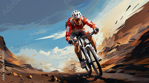 Watercolor abstract depiction of mountain biking. Bicycle racing action during colorful paint splash.AI generated. photo