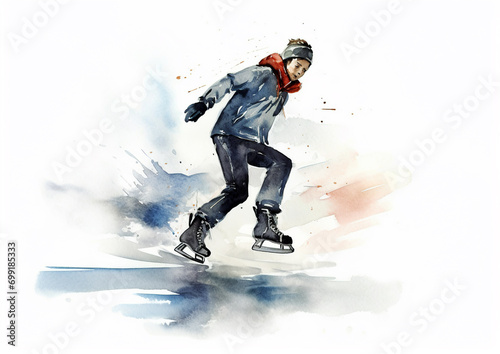 Ice skating. Ice skating as a sport or pastime in watercolor abstract style. Female skater in action during colorful paint splash, isolated on white background. AI generated.