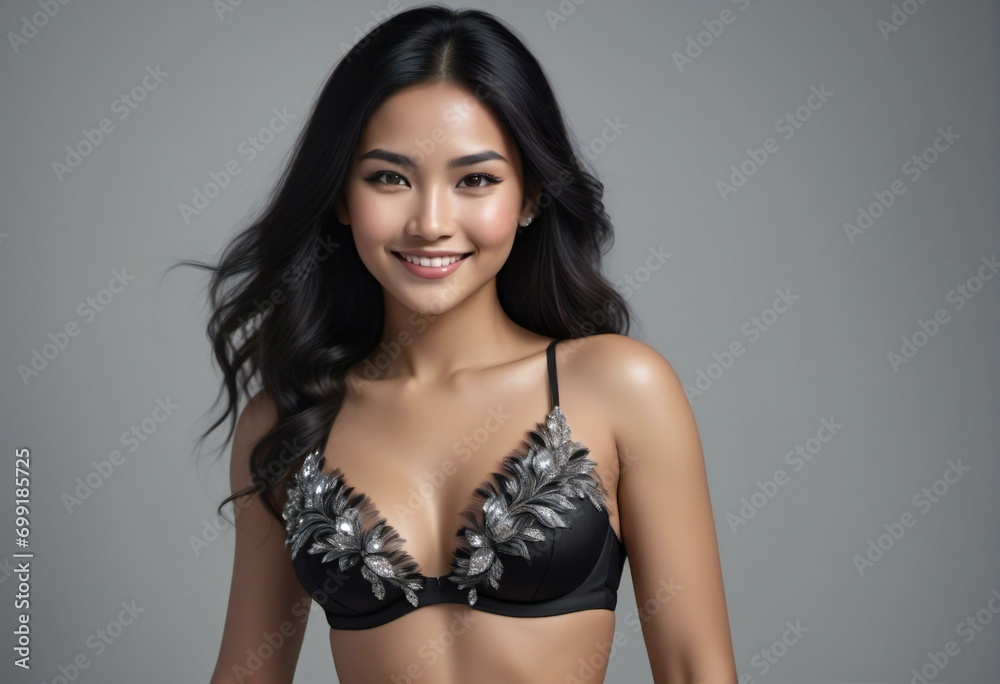 Portrait of a beautiful asian woman in lingerie on gray background