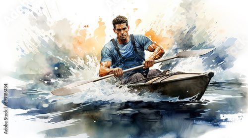 Abstract watercolor illustration of kayak sport or pastime. Kayaker player in action during colorful paint splash, isolated on white background. AI generated.