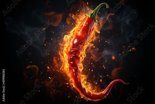 Carolina Reaper. Fresh red chili pepper in fire as a symbol of burning feeling of spicy food and spices. photo