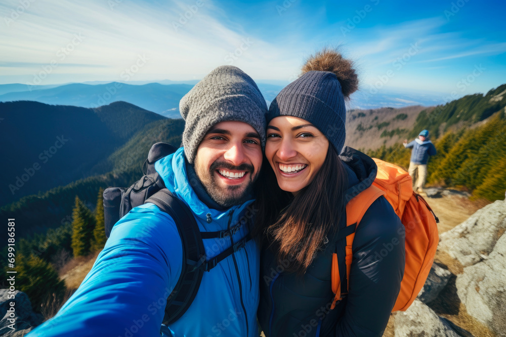 Smiling Lovebirds in Serene Mountain Atmosphere