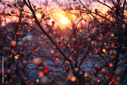 Berries of wild rose on the branches of a bush at sunset