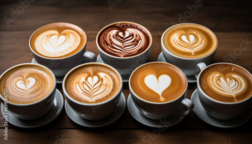 Cup of hot coffee with beautiful Latte art. Assortment of coffee mugs with hearts latte art on wooden background with copy space.