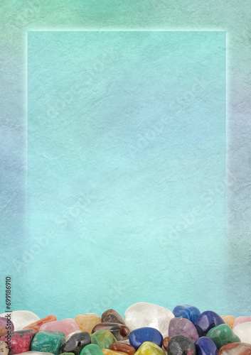 Crystal healing therapy diploma course certificate award template -  jade green rustic stone effect background with a row of random tumbled stones along the bottom ideal for a price list, advert or in