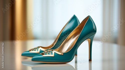 An elegant pair of teal heels with gold accents, positioned gracefully on a crisp white surface.