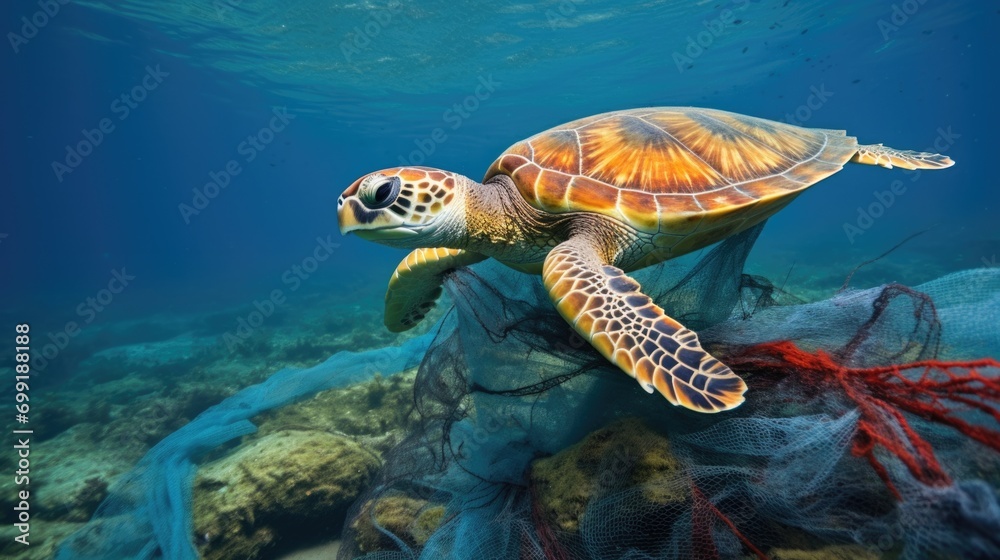Obraz premium sea turtle entangled in discarded fishing nets, representing ocean pollution generative ai
