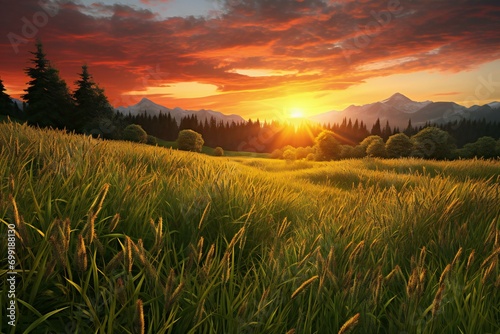 Beautiful sunset over a meadow with grass and mountains in the background