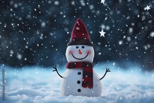 Snowman with red hat and scarf on snowy background   Christmas and New Year concept