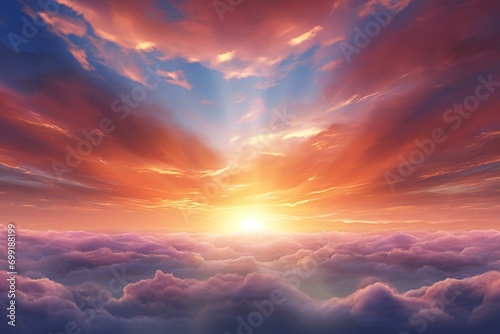 Beautiful sunset above clouds with rays of light