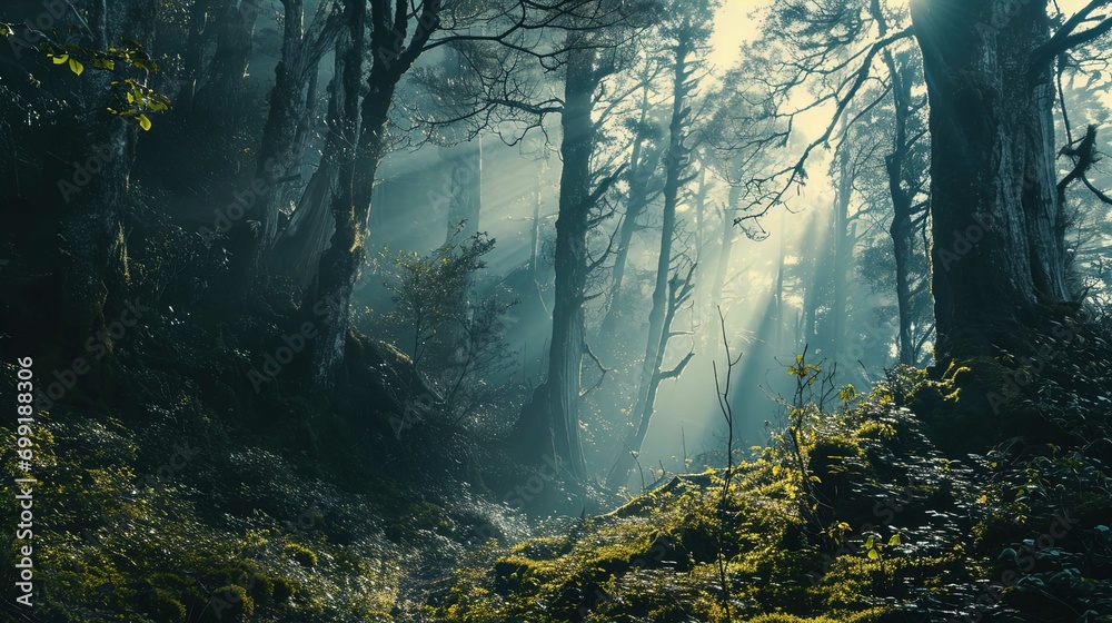 A woodland scene with sunlight streaming through mist in a forest. The trees are covered with moss, and the forest floor is lush with greenery, bathed in a soft, mystical light.