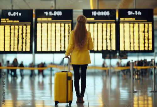 Viaggio Internazionale- Controllo Volo in Aeroporto da Parte di una Giovane Donna con una Valigia Gialla photo