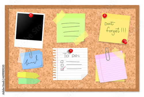bulletin board cork board with post it notes rulled paper pohoto polaroid clip and pins dont forget to do list